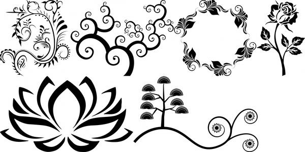 abstract flowers decoration sets in black and white
