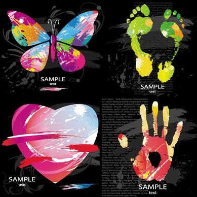 butterfly footprint heart hand icons colorful grunge decor