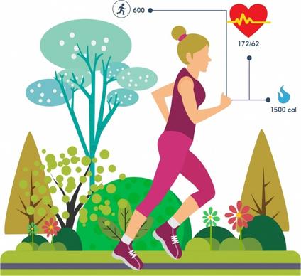 active woman icon exercise activity colorful trees backdrop