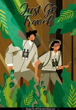 adventure travel banner explorer forest sketch cartoon design