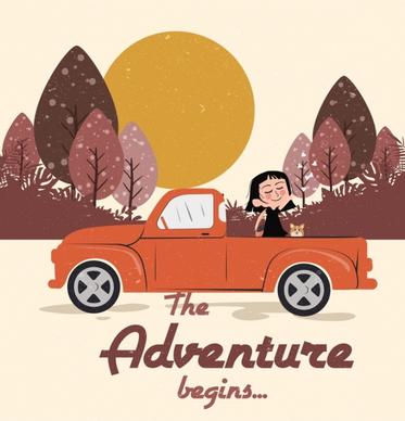 adventure trip background girl car icon colored cartoon