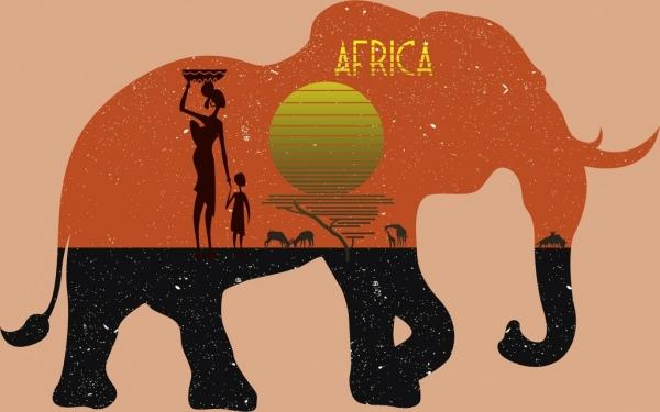africa advertisement tribal people sun land elephant icons
