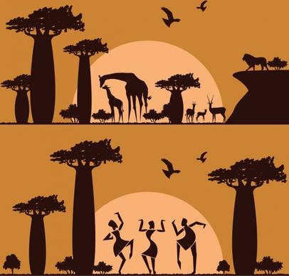 africa background sets animals land human silhouette design