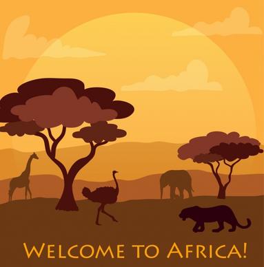 africa welcoming banner cartoon silhouette style animals icons