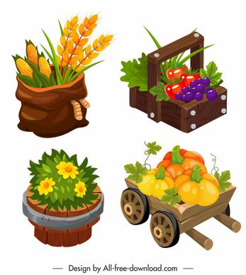 agricultural products icons colorful classic 3d sketch
