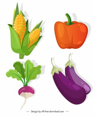 agricultural vegetables icons corn chilli eggplent beet sketch