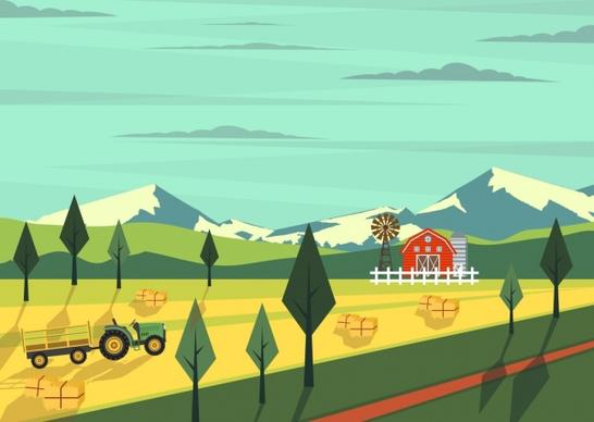 agriculture farm drawing machine warehouse icons colored cartoon