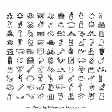 agriculture icon sets collection flat classical symbols sketch