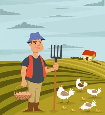 agriculture work drawing farmer poultry icons colored cartoon