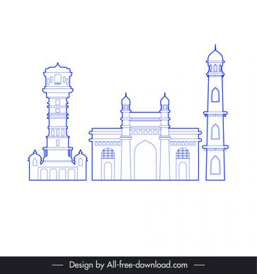 ahmedabad india buildings architecture template blue white flat outline 
