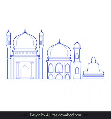 ahmedabad india temple design elements blue white flat shapes outline
