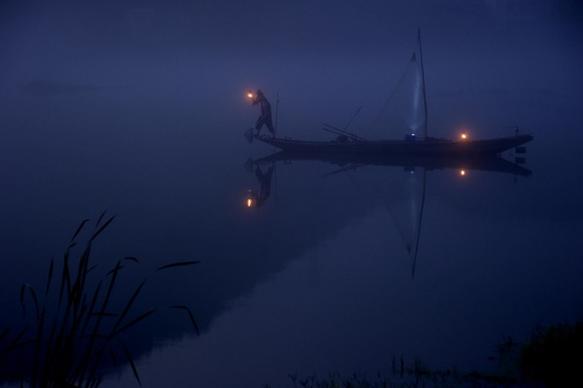aircraft backlit dusk evening exploration fog lake