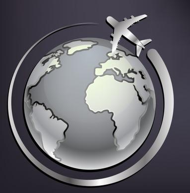 airplane background around earth ornament grey silhouette