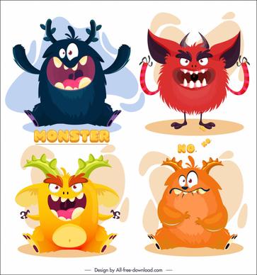 alien monsters icons funny cartoon characters colorful design