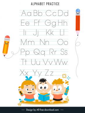 alphabet tracing worksheet for kids template flat cute pupils pencils texts sketch