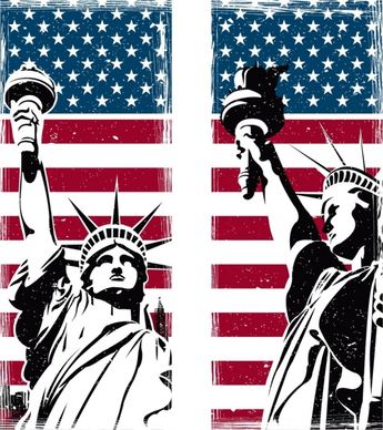 america background flag liberty statue icons retro design