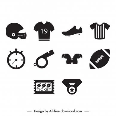 american football icon sets flat black white objects sketch