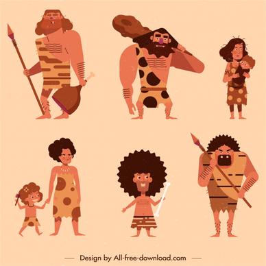 ancient caveman icons colored classic cartoon characters