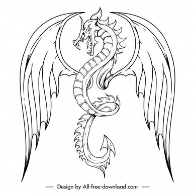 angry dragon icon flat black white handdrawn outline 