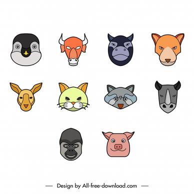 animal head icons sets flat cartoon outline 