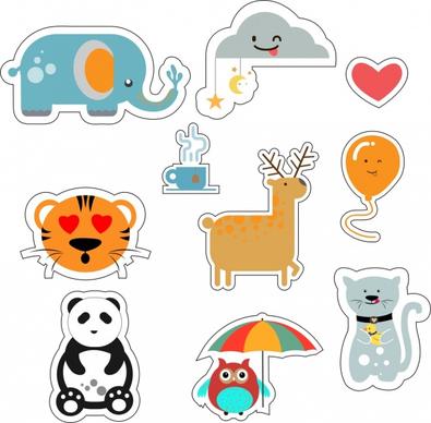 animal stickers collection various colored flat icons isolation
