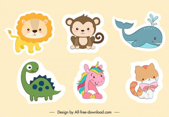 animal stickers cute cartoon sketch flat design