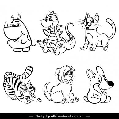 animals icons cute cartoon sketch black white handdrawn