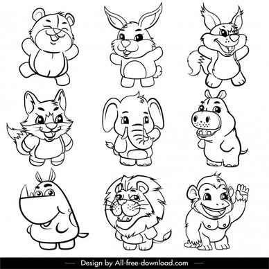 animals icons cute cartoon sketch blak white handdrawn