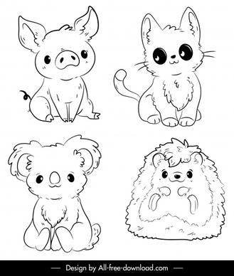 animals icons cute handdrawn sketch black white outline