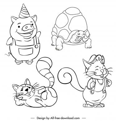 animals icons handdrawn pig fox cat turtle sketch