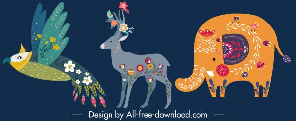 animals icons parrot reindeer elephant sketch floral decor