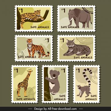 animals save stamps collection retro design wild species sketch 