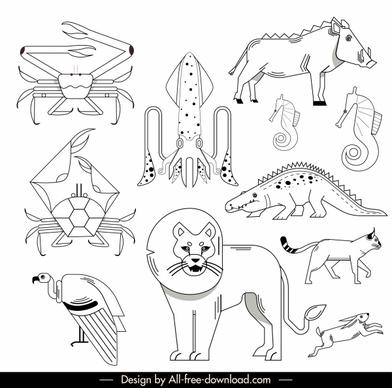 animals species icons black white handdrawn sketch