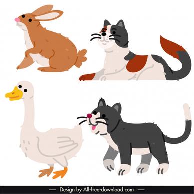 animals species icons colored flat handdrawn classic sketch