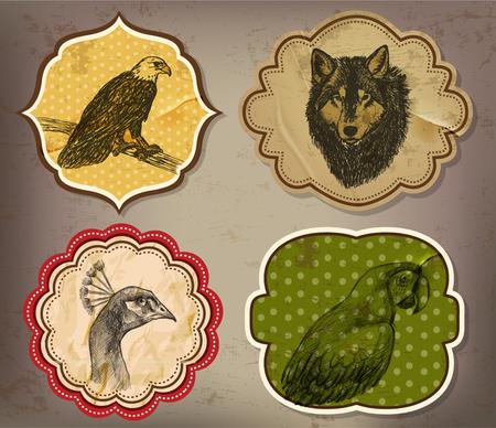animals stickers sets illustration with shaped retro style