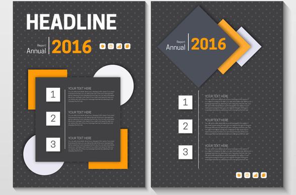 annual report brochure design on dark geometric background
