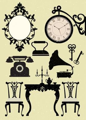 antique devices icons collection black white design