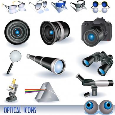 optical icons collection sunglasses camera magnifier binoculars sketch