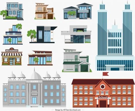 architectural buildings icons colored modern design
