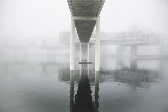 architecture black and white bridge city cold fog