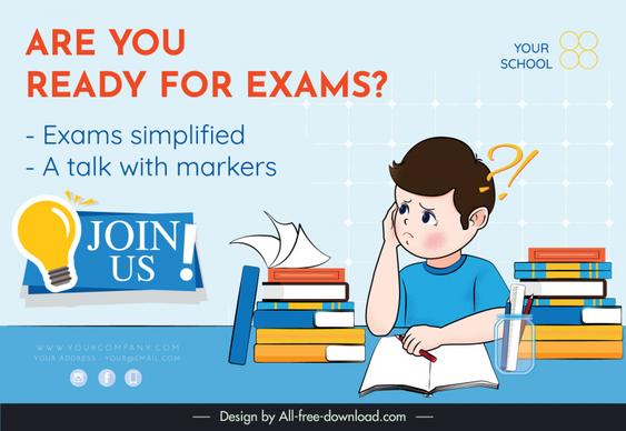 are you ready for exams banner template studying boy lightbulb books sketch cartoon design