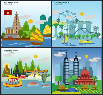 asia travel design concept with colorful landscape illustration