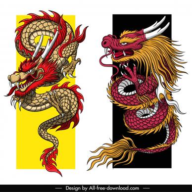 asian dragon icons colorful retro sketch