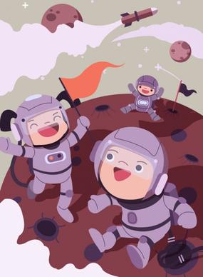 astronomy background joyful kids astronaus icons cartoon characters