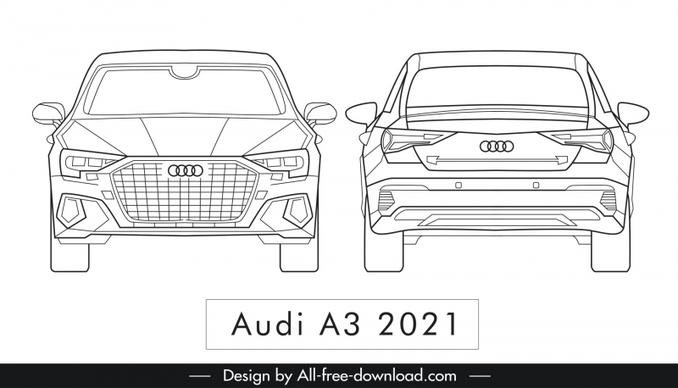 audi a3 2021 car model advertising template flat black white handdrawn front view rear view sketch
