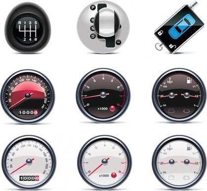 car parts icons speedometer gear shifts shiny modern