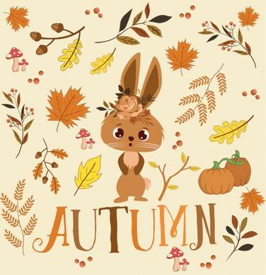 autumn background cute rabbit leaves icons ornament