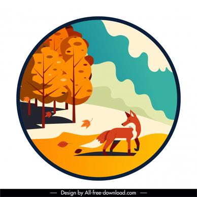 autumn background fox trees sketch circle isolated