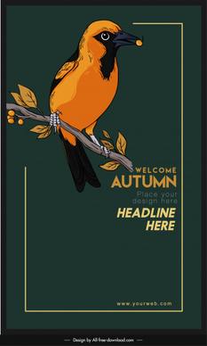 autumn banner template perching bird sketch dark retro
