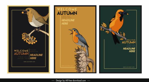autumn banner templates dark retro handdrawn birds decor